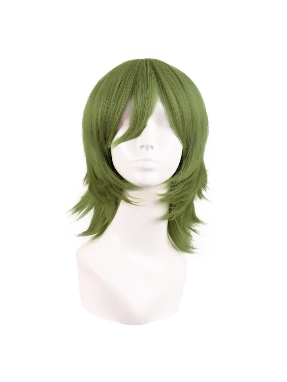 Women's Olive Green 14 Inch Short Wolf Tail Side Synthetic Curly Wig Bangs